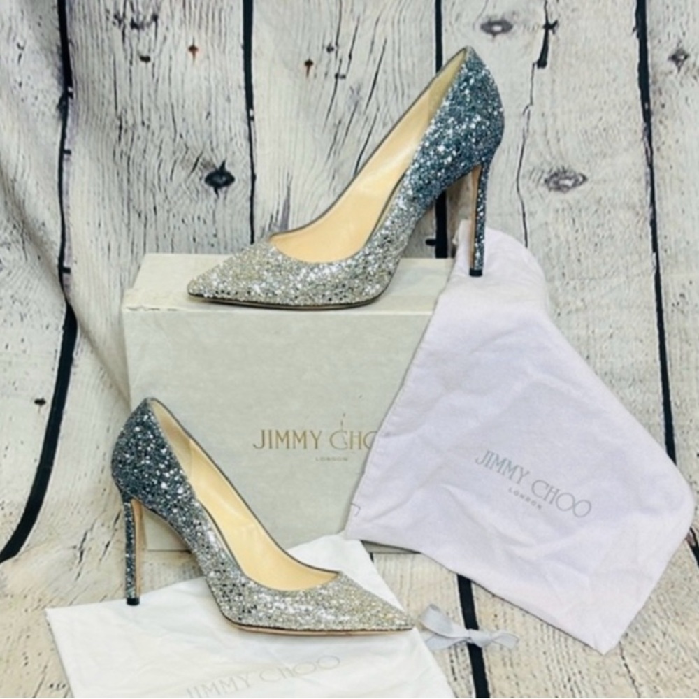 Jimmy Choo Authentic Romy 60 Gradient Ombré Silver and Blue Heels Size 38 - Picture 3 of 17